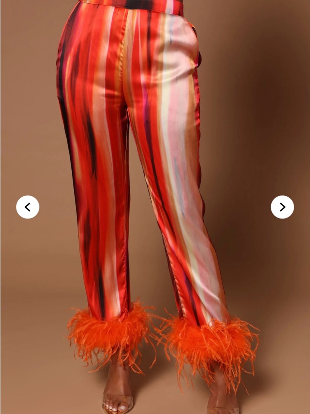 Bold Orange Stripe Feather Cuff Satin Pants